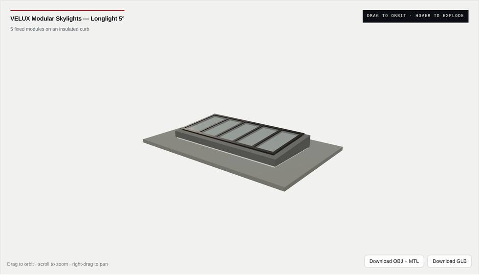 A five-module VELUX Modular Skylights Longlight 5&deg; on an insulated curb, seen in three-quarter view